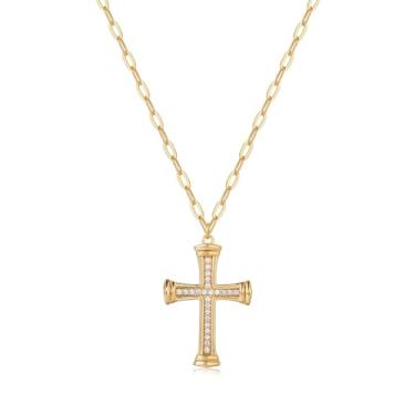 Imagem de Valloey Rover Colar de cruz para mulheres, delicado banhado a ouro 14 K, diamante zircônia cúbica, crucifixo, fé, pingente de fé, moderno, clipe de papel, corrente de ouro fino, joias religiosas