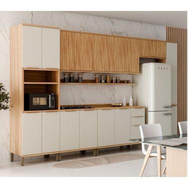 Imagem de Cozinha Modulada Completa 7 Peças 16 Portas com Tampo 385cm 100% Mdf Noruega Espresso Móveis Amêndoa/Off White