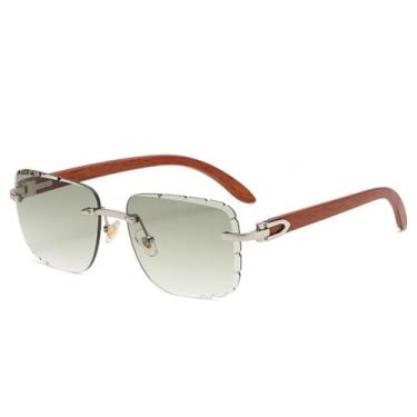 Imagem de Óculos de sol sem aro para mulheres, design de hastes com textura de madeira sintética, proteção solar UV400 (C6) para dirigir
