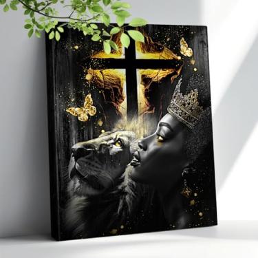 Imagem de Amsnkee Arte em tela sem moldura de 30,5 x 40,6 cm, decoração de parede cristã, mulher africana e leão, moldura pronta para pendurar, pintura para igreja, sala de estar, espaço de oração