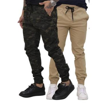 Imagem de Kit 02 Calças Jogger Sarja Premium Masculina Bege e Camuflada - TBasic