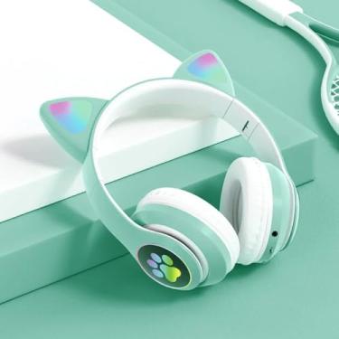 Imagem de Fone De Ouvido Com Orelha de Gatinho Infantil Headphone Bluetooth com Luzes RGB nas orelhinhas e patinhas para crianças tamanho ajustável dobrável (Verde)