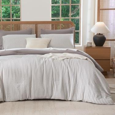 Imagem de Conjunto de cama queen listrado 100% microfibra lavada macia, 3 peças, roxo, branco, para todas as estações e 2 fronhas, confortável, respirável