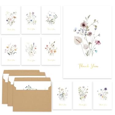 Imagem de Pacote com 30 cartões florais de agradecimento com envelopes autoadesivos, 10 x 15 cm, folha de ouro silvestre em branco, cartões de agradecimento para casamento, chás de panela, chás de bebê