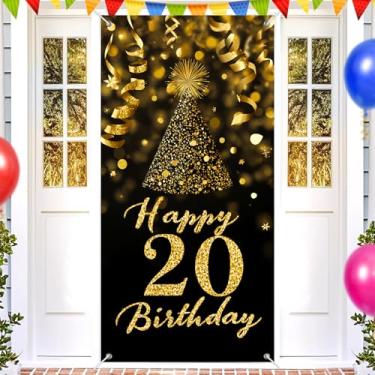 Imagem de BlissYard Capa de porta de aniversário de 20 anos 178 x 89 cm faixa dourada preta com glitter feliz aniversário para mulheres jovens chapéu de festa cintilante fitas de confetes vigésimo marco