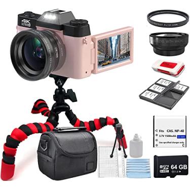Imagem de eDealz Kit de câmera digital 4K de 56 MP, câmera vlogging para YouTube com tela flip, WiFi, lente grande angular e macro, cartão micro SD de 64 GB, tripé flexível de 12 polegadas, estojo de transporte