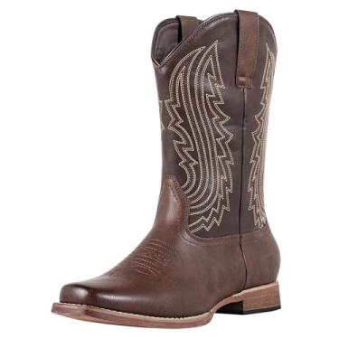 Imagem de J's.o.l.e Botas masculinas caubói bico quadrado retrô envelhecido bordado slip on panturrilha larga bota de trabalho country marrom, Marrom, 38