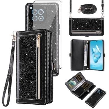 Imagem de Asuwish Capa tipo carteira compatível com OnePlus 12R 5G/Ace 3 2024 e protetor de tela de vidro temperado com glitter, fecho de correr, porta-cartões, acessórios para celular, capas para celular One+