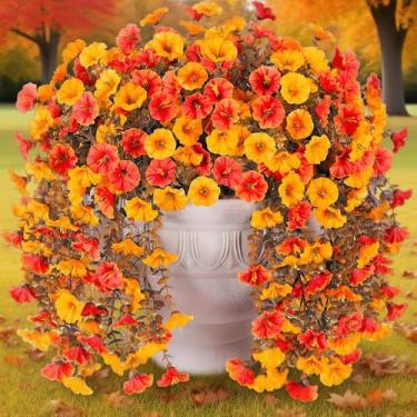 Imagem de Jasion 4 pacotes de flores artificiais para pendurar ao ar livre, glória da manhã, plantas falsas, resistentes a UV, para decoração de varanda e cerca de varanda (cor outono)