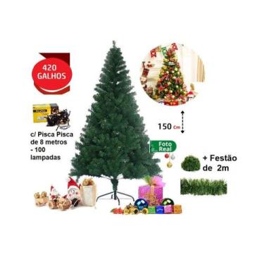 Imagem de Árvore De Natal Luxo Verde 1,50M 420 Pontas c/ Pisca Pisc + Festão Bas