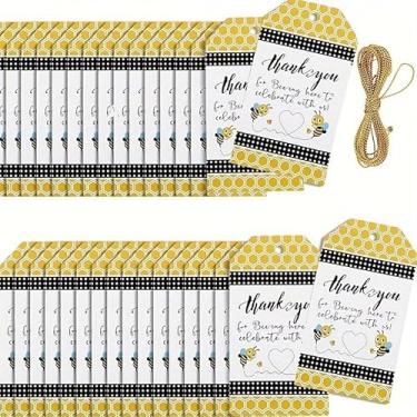Imagem de 50 etiquetas europeias de agradecimento de abelha com cordão - Mensagem de celebração, etiquetas de pendurar para presente com tema de abelha para chá de panela de bebê, lembrancinhas de festa de 1º