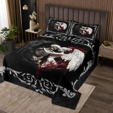 Imagem de Colcha gótica casal tamanho king, conjunto de cama com asas pretas e brancas, conjunto de edredom amante de esqueleto para decoração de quarto de adolescentes, meninas, meninos, adultos, estampa