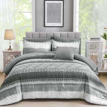 Imagem de WONGS BEDDING Conjunto de edredom de 8 peças, tamanho Queen, com textura listrada em um saco, conjunto de cama cinza e edredom boêmio, leve de microfibra para todas as estações (228 cm x 224 cm)
