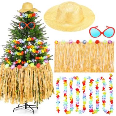 Imagem de Yearntown 4 peças para decoração de árvore de Natal de verão em julho, saia de grama com borla, óculos de sol, chapéu de praia, guirlanda floral, decoração de festa tropical para suprimentos de festa