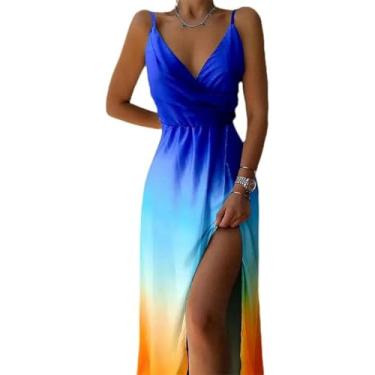 Imagem de Senhoras Verão Novo Suspensório Com Decote Em V Fenda Impressão Vestido De Viajante, Orange and Blue Print, M