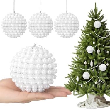 Imagem de Soulchen 4 peças pérolas grandes enfeites de bola de Natal pérolas brancas decorações de Natal bolas de árvore com laço para pendurar para árvores de Natal, decorações de férias