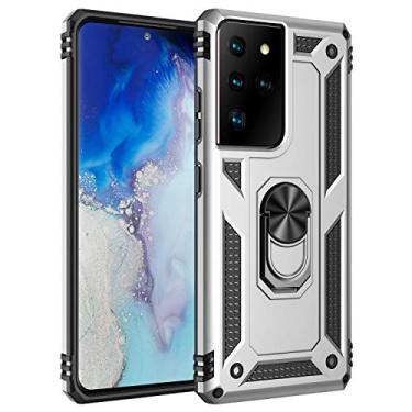 Imagem de SORAKA Capa para Samsung Galaxy S21 Ultra 5G com anel capa Samsung Galaxy S21 Ultra 5G TPU suave para-choques rígido PC capa traseira com placa de metal para montagem magnética no carro