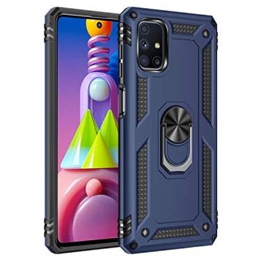 Imagem de SORAKA Capa para Samsung Galaxy M51 com suporte de anel capa protetora para Samsung Galaxy M51 capa traseira de policarbonato rígido com placa de metal para telefone magnético suporte de carro azul