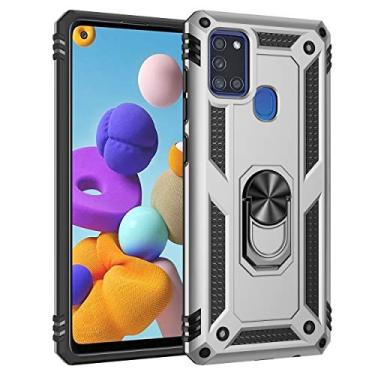 Imagem de SORAKA Capa para Samsung Galaxy A21s com suporte de anel capa protetora para Samsung Galaxy A21s capa traseira de policarbonato rígido com placa de metal para suporte magnético de telefone carro prata