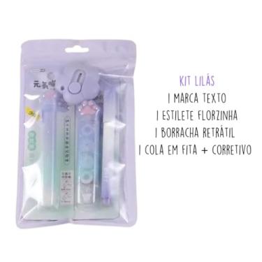 Imagem de Kit Papelaria Kawaii, Conjunto Escolar 4 em 1 com Canetas, Marca-Texto e Acessórios Decorativos, Estilo Gatinho, Cores Pastel (Lilás)