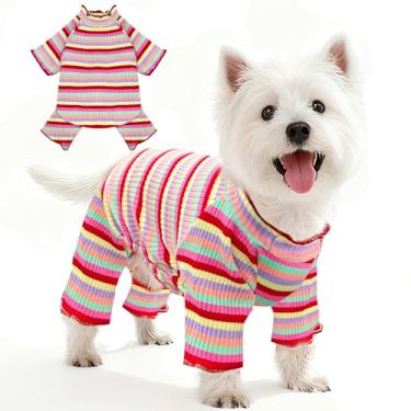 Imagem de BAEJMJK Pijama listrado para cães, elástico, fofo, quatro pernas, roupas para meninos e meninas com mangas, confortável para cães, roupas coloridas para cães pequenos e médios (vermelho, pequeno)