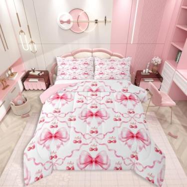 Imagem de Erosebridal Conjunto de cama casal com laço rosa kawaii, com laço de cereja, 3 peças, decoração de quarto de mulheres adolescentes, edredom macio e leve, todas as estações
