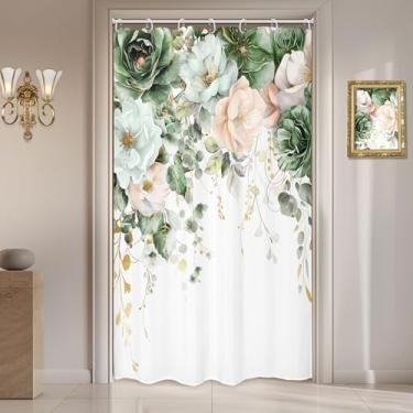 Imagem de Omifly Cortina de chuveiro floral verde e rosa 91 cm L x 182 cm barraca pequena estreita única primavera eucalipto flores silvestres botânica com 7 ganchos de plástico tecido impermeável acessórios de