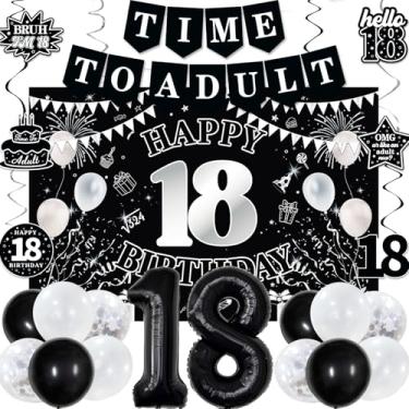Imagem de Decorações de aniversário de 18 anos para meninos e meninas, decoração de festa de feliz aniversário de 18 anos, faixa de aniversário de 18 anos, pano de fundo, balões, redemoinho pendurado, conjunto
