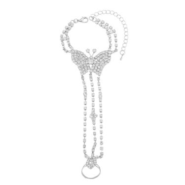 Imagem de Bracelete Anel Pulso Zircônia Prata Noiva Casamento Borboleta Brilho-Pulseira de Mão Cristal Cravejado Strass Luxo Ajustável Retrô Indiana Vintage-Presente Feminino Anel Solitário Brilhante Jade Corrente Luxo Elos Finos