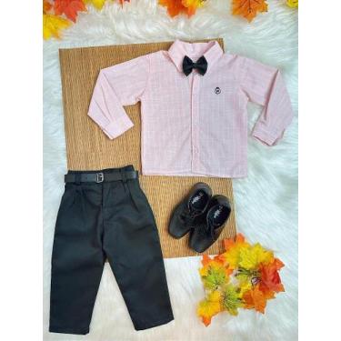 Imagem de Conjunto Infantil Camisa Listrada Salmão e Calça Preta com Cinto e Gra
