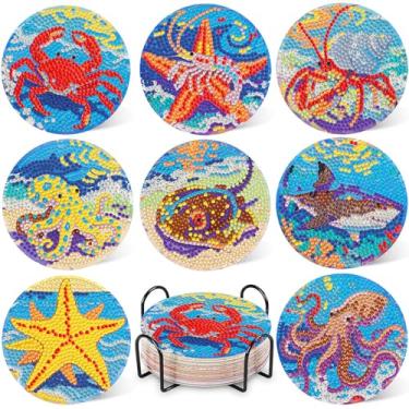 Imagem de DOTZSO 8 peças de kits de porta-copos de arte de diamante oceano com suporte, porta-copos de pintura de diamante para adultos iniciantes, decoração de casa abstrata, presentes divertidos para mulheres