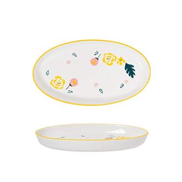 Imagem de Prato de serviço prato de jantar de cerâmica com motivos florais, prato de peixe oval grande, sobremesa personalizada, prato de lanches, seguro para micro-ondas e forno. Pratos (Cor: B, Tamanho: 2