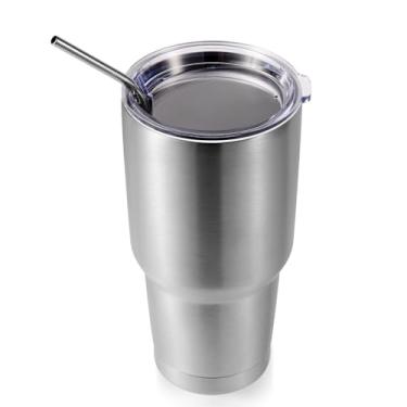 Imagem de Volhoply Caneca isolante de 900 ml com tampa e canudo, caneca de café de viagem de parede dupla para bebidas quentes/frias, cabe no porta-copos de carro, sem BPA (prata, 1