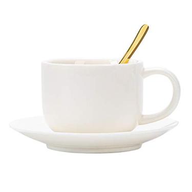 Imagem de Conjunto de canecas de café de porcelana para cappuccino e pires com colheres de café expresso 142 g Copos de café branco Demitasse Caneca de café