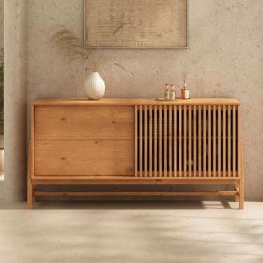 Imagem de IDIMEX Balcão Ripado Buffet Madeira Compacto 145 cm Porta Deslizante Freijó Adamo