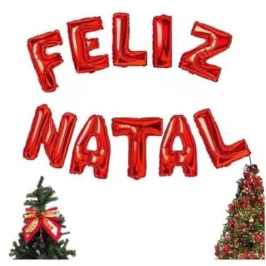 Imagem de Kit Balões Metalizados Letras Feliz Natal, 37cm x 30cm, Vermelho, com Assoprador e 6m de Fitilho Decoração de Natal Balão