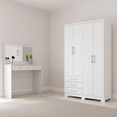 Imagem de Guarda Roupa Solteiro Caju 4 Portas e Penteadeira Daila Ambiente com Led Branco - Henn
