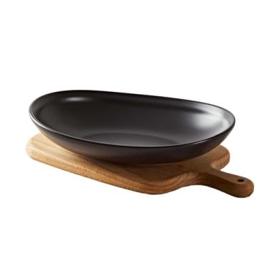Imagem de Prato doméstico de cerâmica japonesa oval prato de salada de sobremesa ocidental - preto fosco