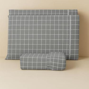 Imagem de Jogo de lençol algodão estampado com elástico todos tamanhos solteiro casal queen king size (QUEEN, QUADRICULADO CINZA)