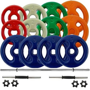 Imagem de Kit 40Kg Anilhas Emborrachadas com 1 Barra 1,50m e 2 Barras com Rosca 0,40cm