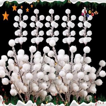 Imagem de 5 peças de espuma artificial de Natal flocos de neve branco 7/12 cabeças bagas caule flores presente árvore de Natal enfeites de festa em casa (12 cabeças, 20,5 x 4,5 cm)