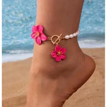 Imagem de Tornozeleira de flor rosa com contas de pérolas falsas para mulheres verão hipoalergênico OT fecho boho corrente para pés praia havaiana à prova d'água flor dupla fecho tornozeleira ornamento presente
