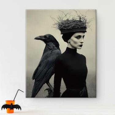 Imagem de Gothic Crow Women Halloween Wall Art Dark Academia Crow Fashion Artwork Decoração de parede de Halloween para sala de estar quarto 20 x 25 cm