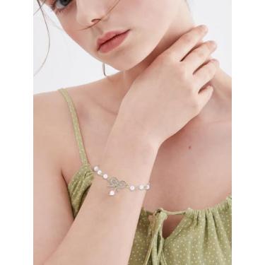 Imagem de 1 pulseira com laço de strass de liga, pulseiras de plástico com elos de pérolas, acessórios de moda dourados, presentes para mulheres, festivais de aniversário, presentes elegantes, joias