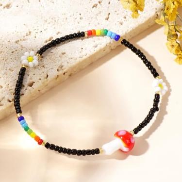 Imagem de Pulseira ajustável com contas de arco-íris de flor de cogumelo fofas para mulheres, pulseira elástica com contas de semente preta Boho Havaí, joias, presente de amizade, Medium, Latão, Sem Pedra