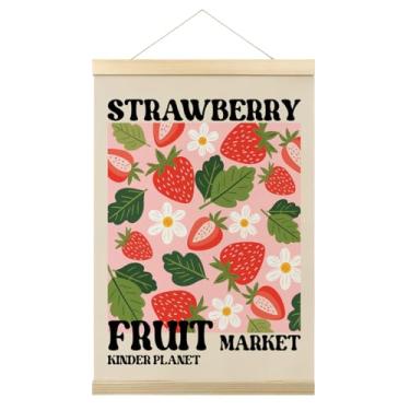 Imagem de Pôster de morango Fruit Market, decoração de parede de morango, decoração de pendurar frutas descoladas, arte de parede moderna em tela rosa para quarto de meninas dormitório sala de estar