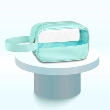 Imagem de Bolsa de maquiagem translúcida - Bolsa de higiene para viagem aprovada pela TSA. PVC e PU à prova d'água. Bolsa de viagem com zíper para homens e mulheres. Mala de mão para itens essenciais de viagem