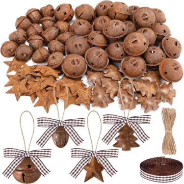 Imagem de Vertintong Kit de 80 sinos de metal enferrujado de Natal, inclui 25 sinos enferrujados retrô, 25 estrelas de metal rústico, 15 bolotas country, 10 sinos de árvore de Natal com fita de corda de juta