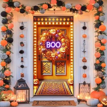 Imagem de BlissYard Capa de porta de Halloween assustadora, decoração de porta interna para ambientes externos com letreiro neon Boo e guirlanda de abóbora iluminada, portas festivas, mural, tema assombrado