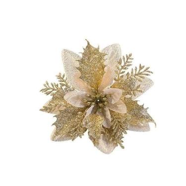Imagem de Flores de Natal Artificiais com Glitter – 5/10/20 Peças Enfeites Decorativos para Árvore de Natal, Guirlanda e Decoração Festiva (10pcs*ouro-14cm)